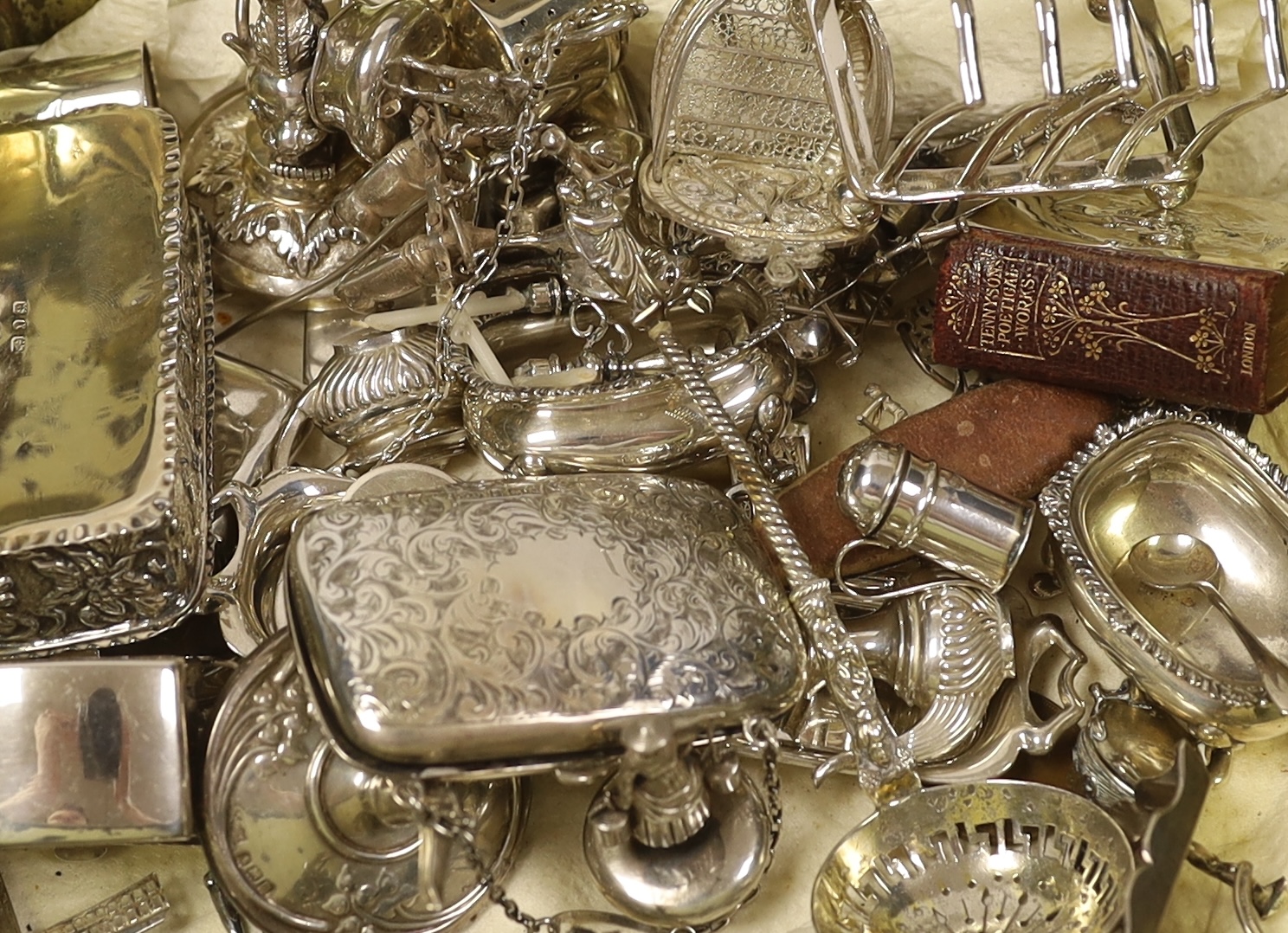 Sundry small silver and white metal items including miniature tea set and tray, a mounted bible, a trinket box, vesta cases, condiments, a Victorian sifter spoon, a filigree chair, miniature items including 925 candelabr